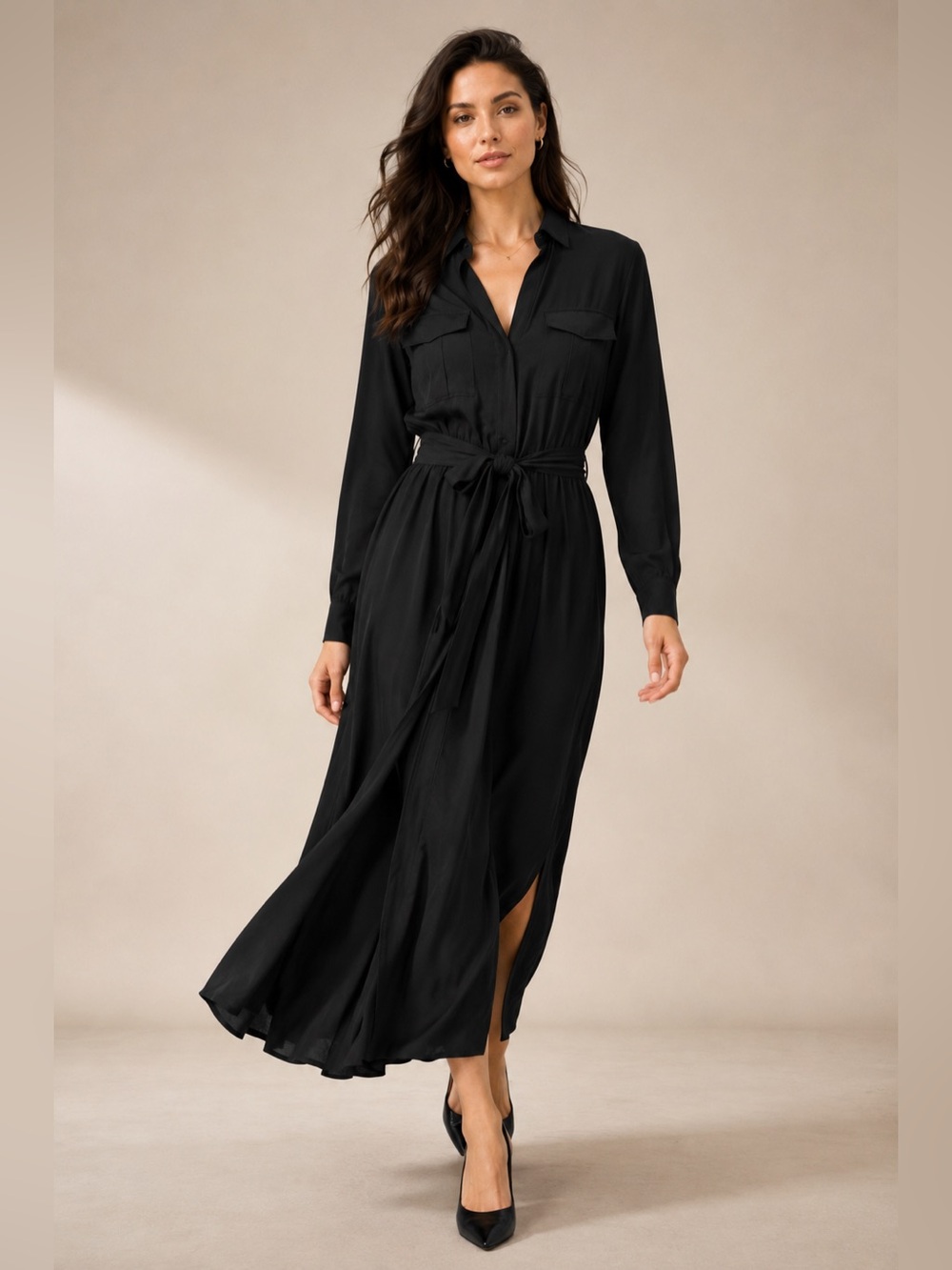 LOFT Black Belted Tie Waist Maxi Shirtdress V-Neck Utility Style Size M NWT